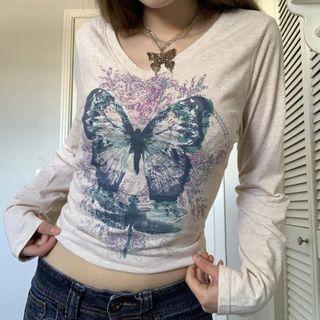 Butterfly V-neck Long-sleeve Top