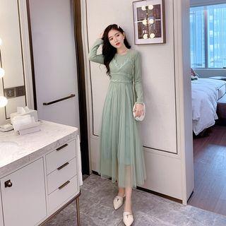Long-sleeve Mesh-overlay Midi A-line Dress