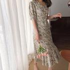 Half-placket Floral Print A-line Dress With Sash Ivory - One Size