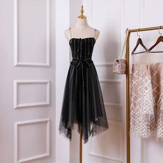 Chain Strap Glitter A-line Mesh Midi Dress
