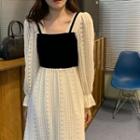 Bell-sleeve Two-tone Midi A-line Dress Almond - One Size