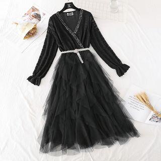 Long-sleeve Lace Tiered Mesh A-line Dress