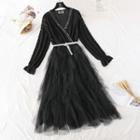 Long-sleeve Lace Tiered Mesh A-line Dress
