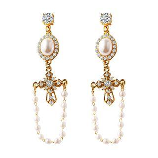Faux Pearl Cross Rhinestone Dangle Earring / Clip-on Earring