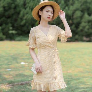 Short-sleeve Checked Buttoned A-line Mini Dress
