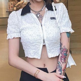 Contrast Collar Zip-up Crop Top