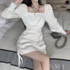 Long-sleeve Square-neck Drawstring Mini Dress White - One Size