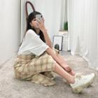 Band-waist Slit-hem Plaid Skirt