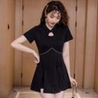 Set: Mandarin Collar Short-sleeve Slit Mini A-line Dress + Shorts