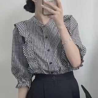 Plaid Puff-sleeve Short-sleeve Shirt