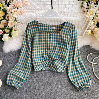 Square-neck Ruched Check Cropped Blouse