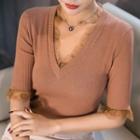 V-neck Lace Trim Elbow-sleeve Knit Top