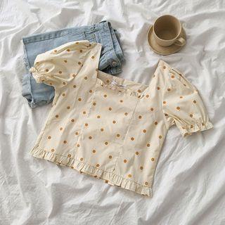 Short-sleeve Dotted Frill Trim Crop Top Almond - One Size