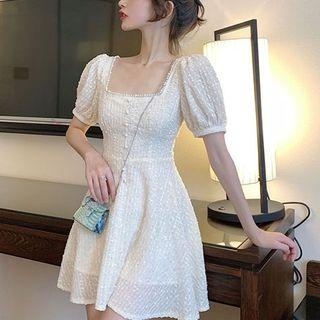 Square-neck Puff-sleeve Slim-fit Dress