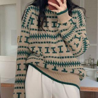 Lettering Pattern Round-neck Sweater Almond & Green - One Size