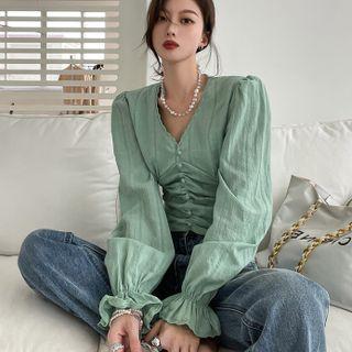 Bell-sleeve V-neck Drawstring Blouse