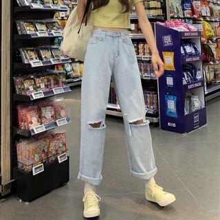 Distressed Elastic-waist Wide-leg Jeans