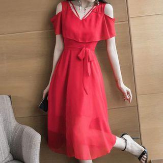 Short-sleeve Cold-shoulder Midi A-line Chiffon Dress