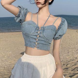 Cold-shoulder Denim Crop Top