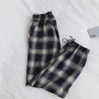 Drawstring-cuff Plaid Straight Leg Pants