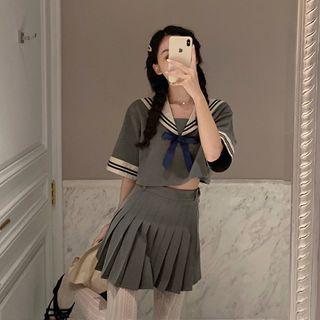 Sailor Collar Elbow-sleeve Blouse / Mini Pleated Skirt