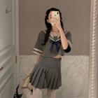 Sailor Collar Elbow-sleeve Blouse / Mini Pleated Skirt