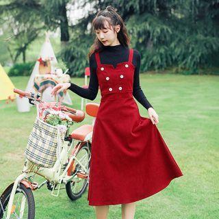 Long-sleeve Knit Top / Midi A-line Pinafore Dress / Set