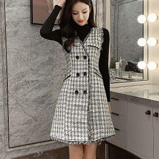 Set: Mock Neck Knit Top + Fray Trim Tweed Sleeveless Dress