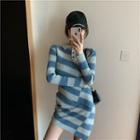Striped Crewneck Slim-fit Long-sleeve Knit Top / Striped High-waist Slim-fit Skirt