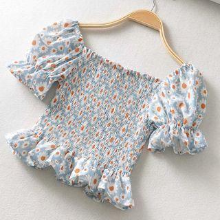 Puff-sleeve Ruched Daisy-print Cropped Top
