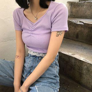 Shirred Lace-hem Cropped T-shirt