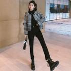 High-neck Plain T-shirt / Long-sleeve Houndstooth Cropped Cardigan / High-waist Plain Slim-fit Pants