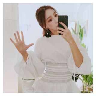 Drop-shoulder Smocked-waist Zip-back Top