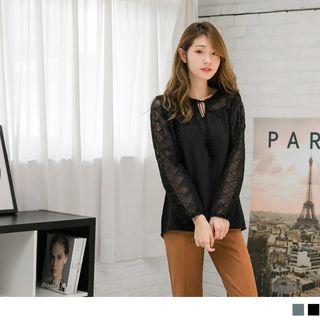 Tie-neck Lace Panel Smock Top