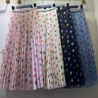 Heart Print Mesh Accordion Pleat Midi A-line Skirt