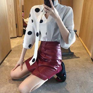 Set: Dotted Panel 3/4 Sleeve Blouse + Faux Leather A-line Skirt
