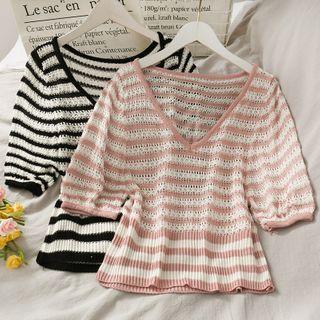 Striped Open-knit Sheer Top