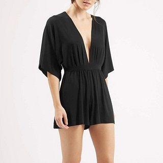 Deep V-neck Playsuit Black - One Size