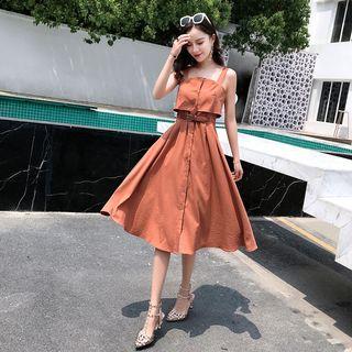 Sleeveless Single-breasted Belt-waist A-line Dress