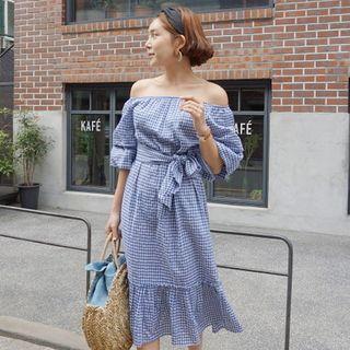 Gingham Off-shoulder A-line Midi Dress