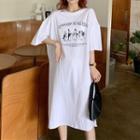 Elbow-sleeve Penguin Print Midi T-shirt Dress