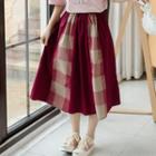 Gingham Panel Midi A-line Skirt Wine Red - One Size