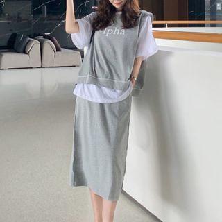 Elbow-sleeve Plain Crew-neck T-shirt/sleeveless Plain Crew-neck Lettering Crop Waistcoat/plain High-waist Midi Dress