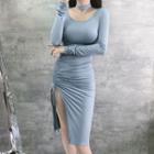 Choker-neck Long-sleeve Drawstring Sheath Dress