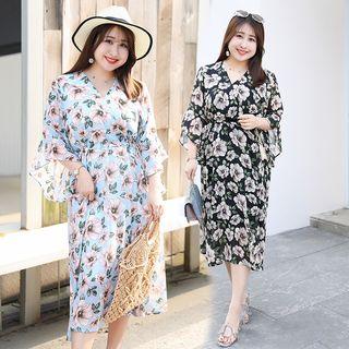 Flared-sleeve Flower Print Midi Chiffon Dress