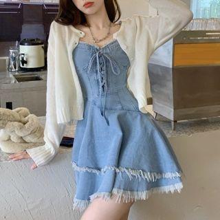 Spaghetti Strap Distressed Denim Lace-up Mini A-line Dress / Cardigan