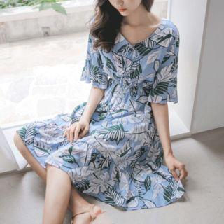 Tie-neck Foliage Linen Blend A-line Dress