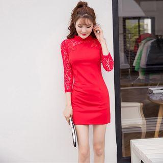 Lace Panel Mandarin Collar Sheath Minidress