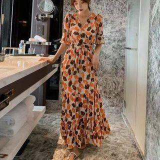 Bell-sleeve Print Maxi A-line Dress