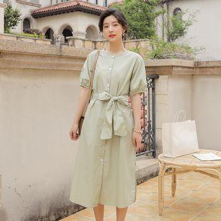 Short-sleeve Buttoned Dress With Sash